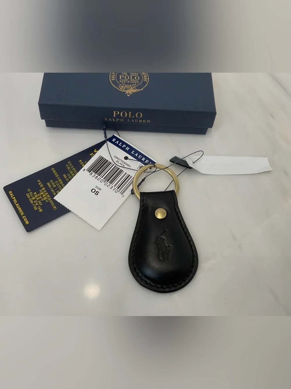 NEW Polo Ralph Lauren Leather Embossed POLO PLAYER Key Ring Keychain - BLACK